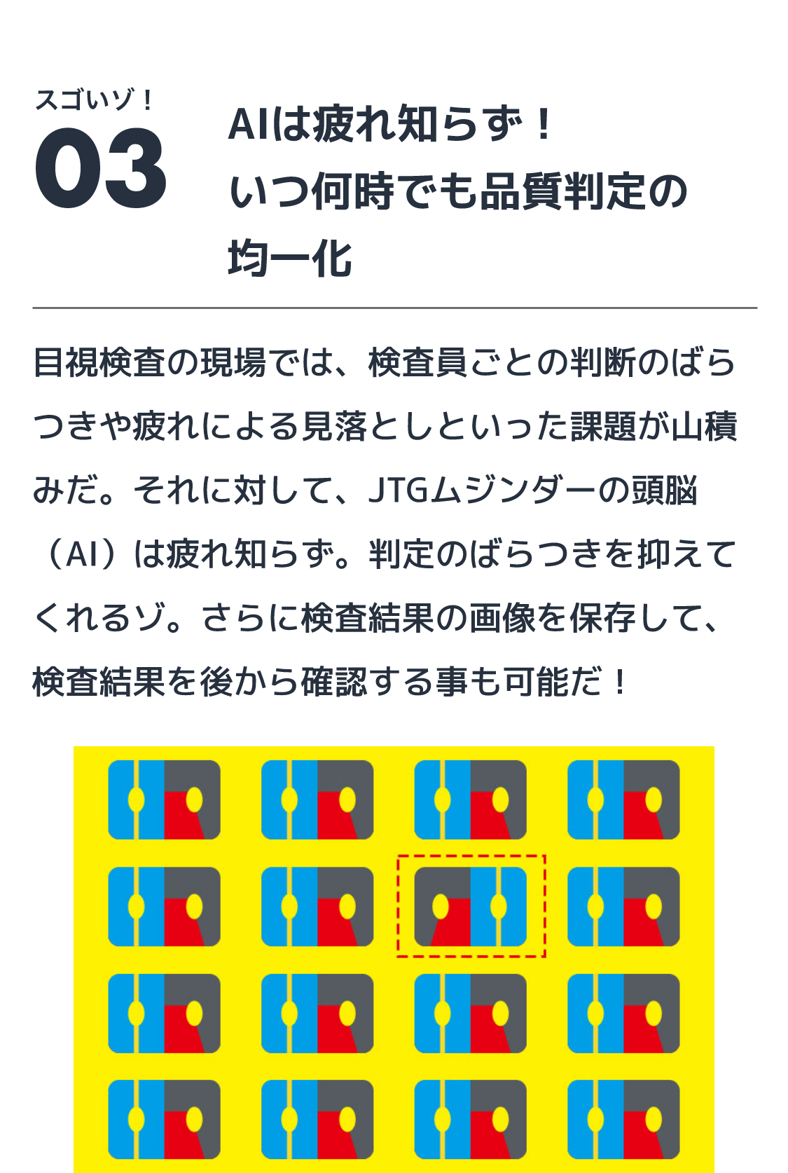 AIは疲れ知らず！いつ何時でも品質判定の均一化